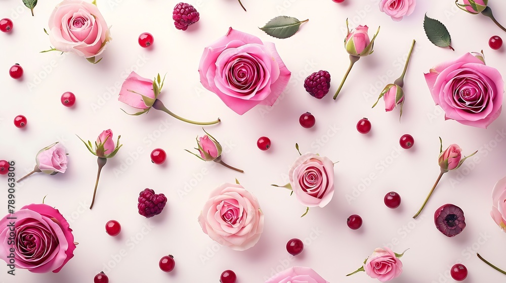 Poster Decorative pattern with pink bright roses buds and berries on white background Flat lay top view view from above : Generative AI