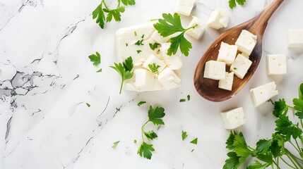 Delicious tofu cheese with parsley and spoon on white marble table flat lay : Generative AI
