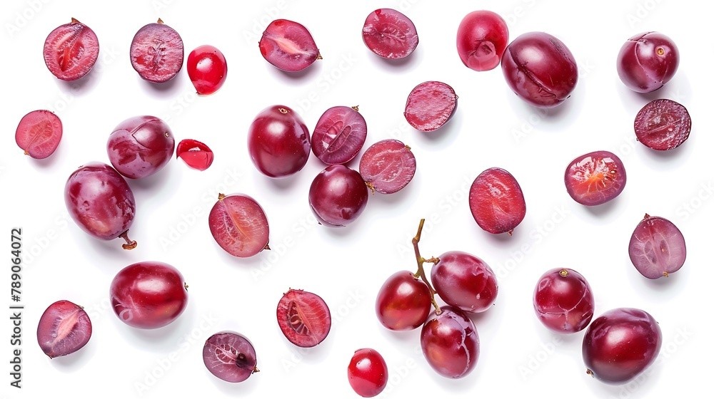 Poster Red grapes and half sliced isolated on white background Top view Flat lay Grape pattern texture background : Generative AI