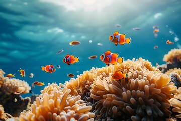 Clownfish Colony. Beautiful coral reef with colorful lives such as these clownfishes .
