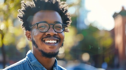 A young unshaven afro american smiling man wearing eyeglasses on the street Outdoor portrait Close up : Generative AI