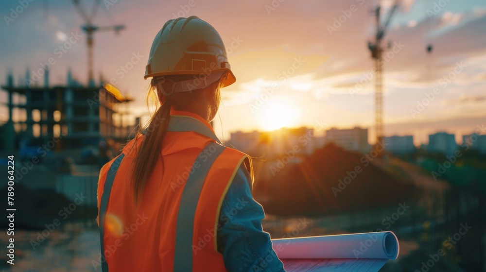 Poster a confident engineer wearing a hard hat and safety vest, overseeing a construction site with bluepri