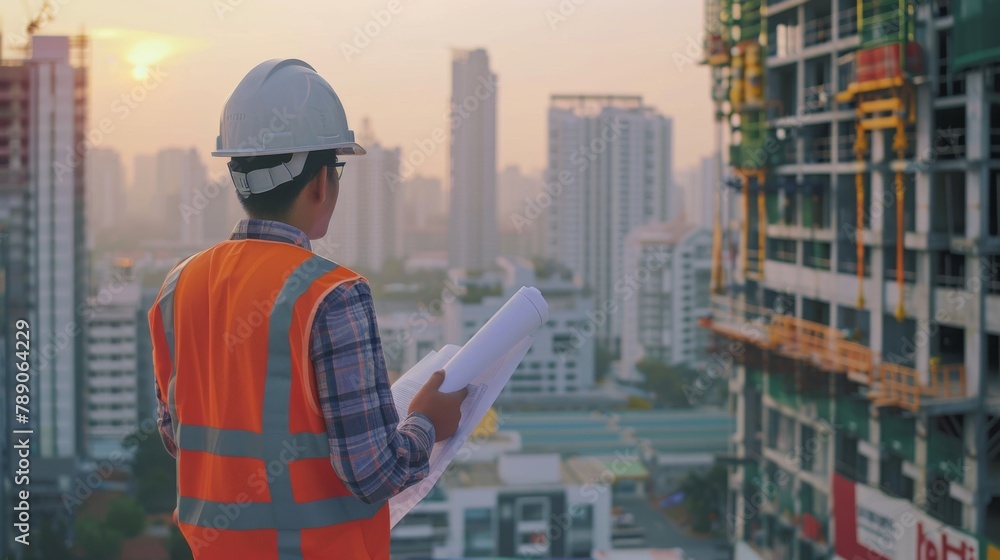 Poster a confident engineer wearing a hard hat and safety vest, overseeing a construction site with bluepri