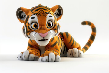 3d cartoon character happy baby tiger crouching on the ground isolated on white background