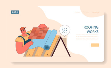 Roofing Works concept. Detailed illustration of a roofer installing tiles