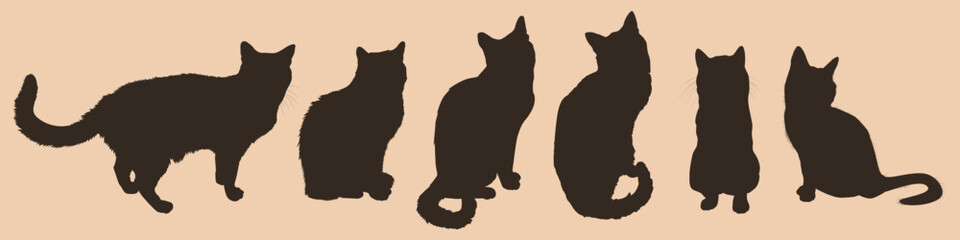 Collection of silhouettes of domestic cats in different poses. Pets. Vector illustration.