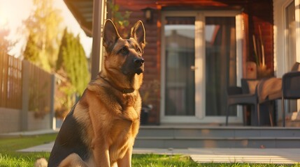 Big guard dog sitting in front of the house close up picture of guard dog sitting in front of house and garden background Watchdog concept Pet dog stay at home and watch : Generative AI - Powered by Adobe