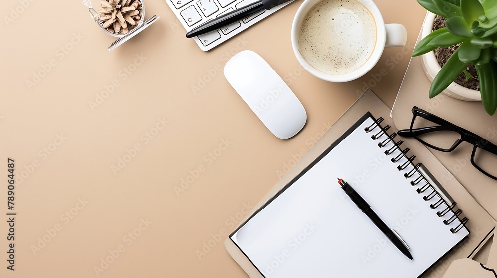 Aufkleber Styled stock photography brown office desk table with blank notebook computer supplies and coffee cup Top view with copy space Flat lay : Generative AI