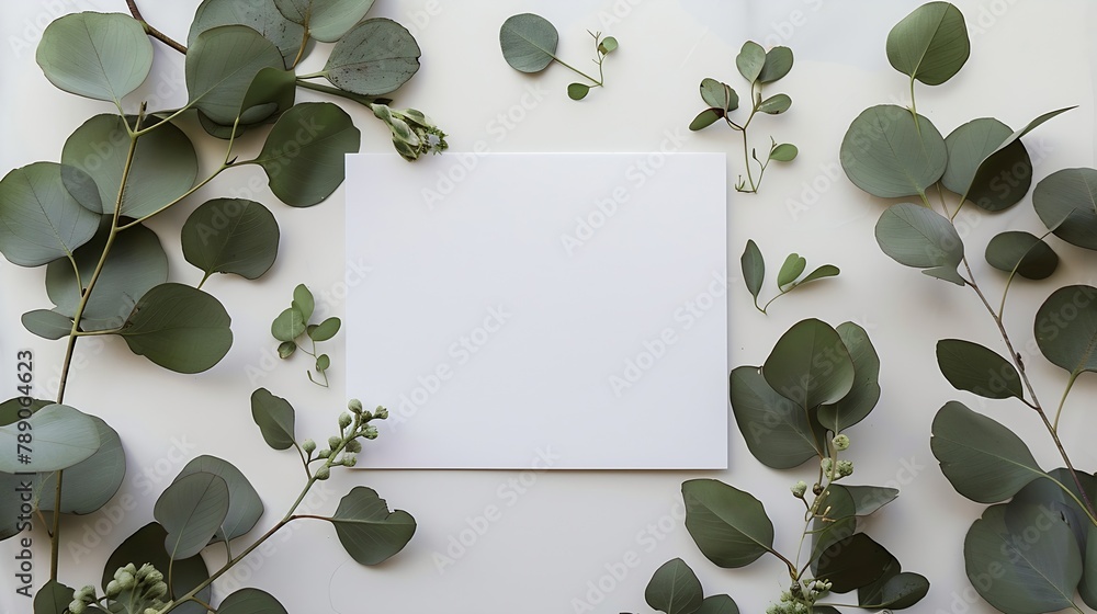 Aufkleber mockup invitation blank greeting card and green leaves eucalyptus flat lay top view : generative ai