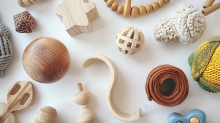 Hep of wooden and knitting eco toys for baby activity motor and sensory development on white table top view : Generative AI - obrazy, fototapety, plakaty