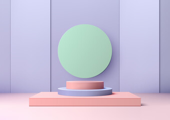 3D realistic podium with a green circle on top sits in a room with a purple wall scene background - 789064628