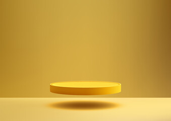 3D bright yellow circle podium floats in the center of a yellow background, Product display, Mockup, Showcase presentation