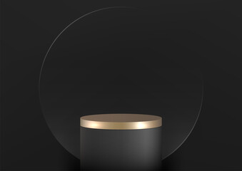 3D black cylinder podium with a gold top sits on a black platform against a black background, Luxury concept, product display, mockup, showroom, showcase - 789064684