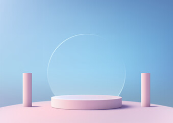 3D round pink podium with glass transparent circle backdrop on a pink floor with two pole on a blue background - 789064692