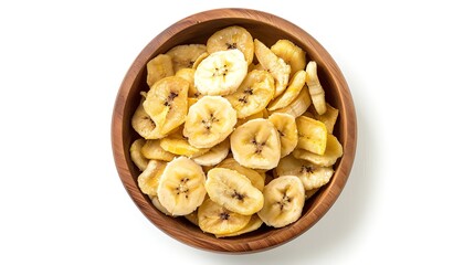 Dried banana chips in wooden bowl isolated on white background with full depth of field Top view Flat lay : Generative AI