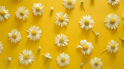 Floral pattern of white chamomile daisy flowers on yellow background Flat lay top view Floral background Pattern of flower buds : Generative AI