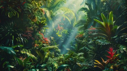A dense tropical rainforest teeming with exotic flora and fauna, with lush green foliage and vibrant flowers creating a vibrant tapestry of biodiversity.