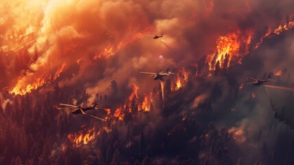 A dramatic aerial view of firefighters battling a raging wildfire from the air, with helicopters dropping water and fire retardant to contain the blaze and protect the forest. - obrazy, fototapety, plakaty