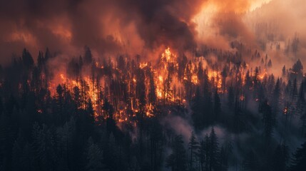 A dramatic image of a raging wildfire spreading through a forest, highlighting the destructive power of nature's wildfires.