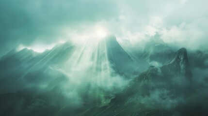 A dramatic mountain range shrouded in mist and clouds, with rays of sunlight breaking through the atmospheric veil, creating a mystical and ethereal landscape.