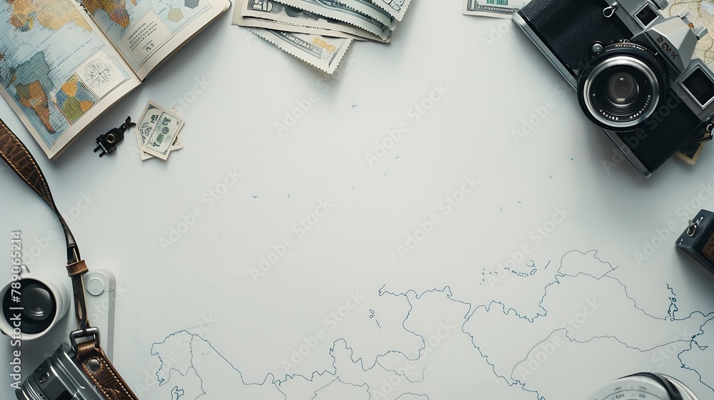 Poster top view travel concept with retro camera films map money and passport on white background with copy