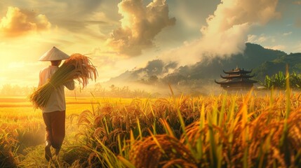 A farmer carrying bundles of harvested rice on their shoulders, walking through a picturesque countryside scene with fields of ripened grains.