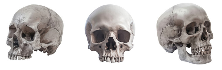 Skull of the human isolated on a white background. Sepia color photo