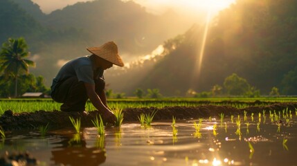 A farmer planting young rice seedlings in flooded fields, a timeless agricultural practice that sustains communities and cultures around the world.