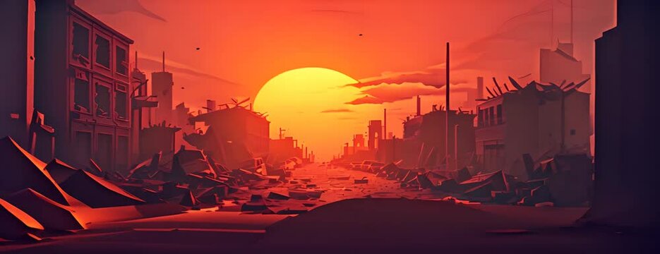 A street with houses in a ruined city on fire after a military disaster and explosions. vector simple illustration 4K Video