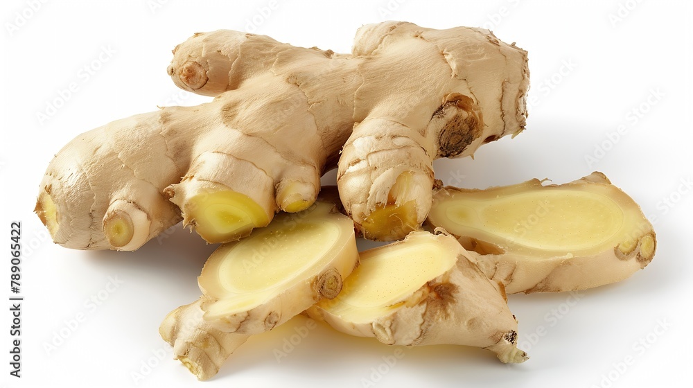 Poster flat lay of fresh ginger rhizome with slices isolated on white background : generative ai
