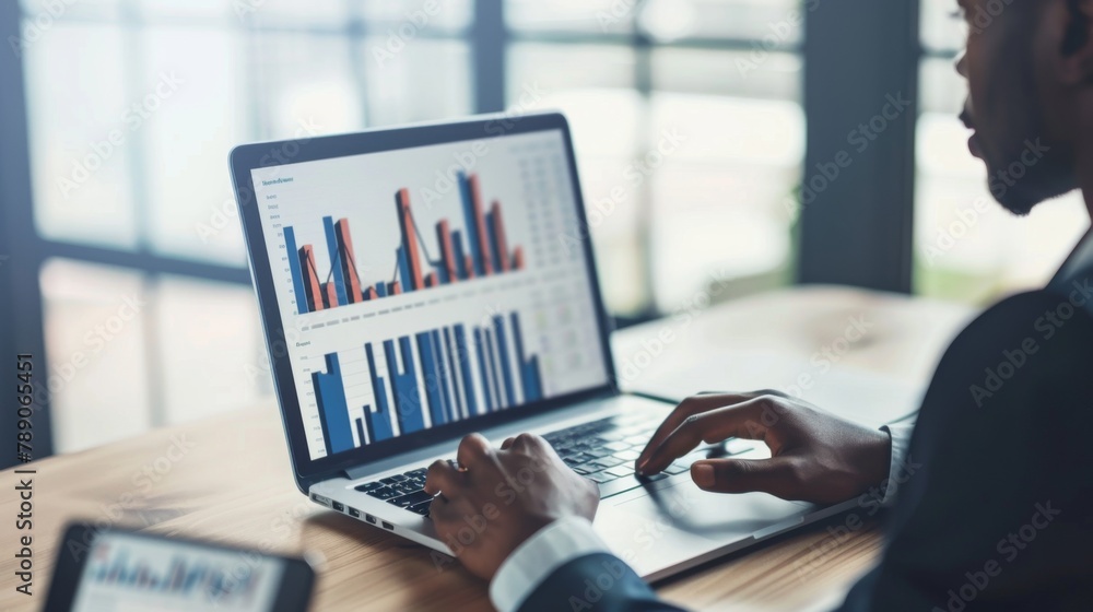Aufkleber a financial analyst analyzing data on a laptop, with charts and graphs displayed on the screen, asse
