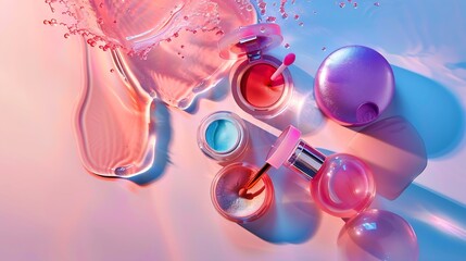Beautiful composition with cosmetics on light background flat lay : Generative AI