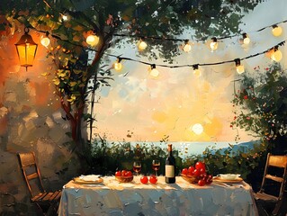 Oil painting of a romantic outdoor dinner setting with a table, wine, and string lights, overlooking a sunset.