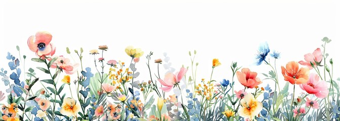 Serene watercolor meadow with vibrant wildflowers and foliage