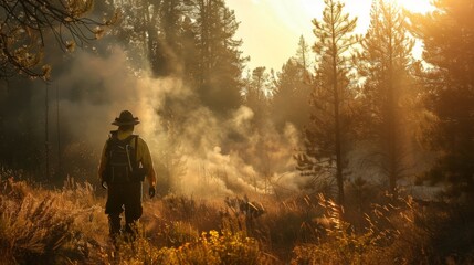 A forest ranger patrolling a wooded area during fire season, keeping a vigilant watch for signs of smoke or potential wildfire activity to ensure the safety of the forest and surrounding communities. - obrazy, fototapety, plakaty