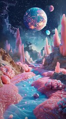 The sour candyland of the universe Where planets and moons are created from crystallized sour sugar and sour rivers flow through the cosmic landscape.