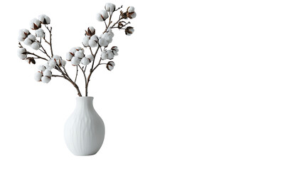 Home decor and vase with cotton branches on table against white background  