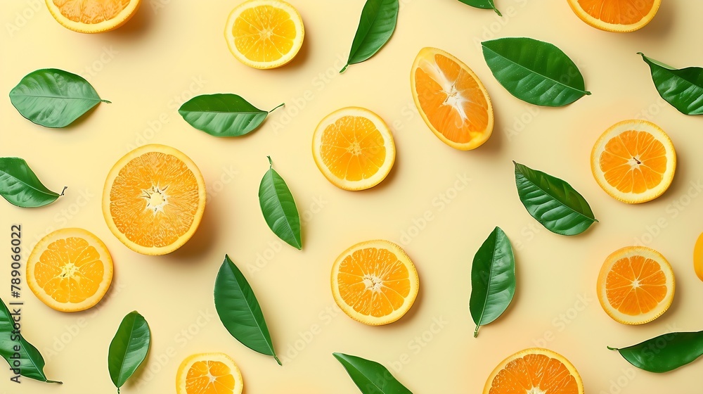 Aufkleber creative summer pattern made of oranges and green leaves on pastel yellow background fruit minimal c