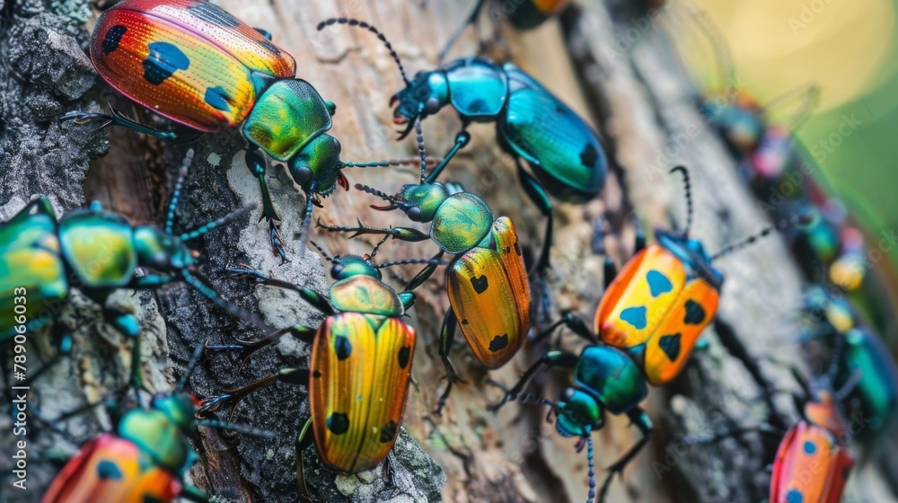 Poster a group of colorful beetles crawling on a tree trunk, showcasing the diversity and beauty of insects