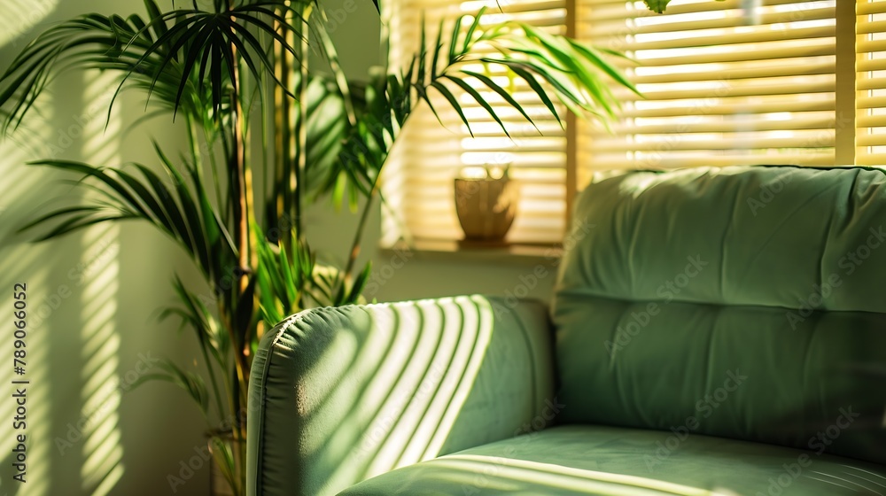 Wall mural closeup on cozy and stylish green sofa in living room with plants and window with wooden blinds : ge