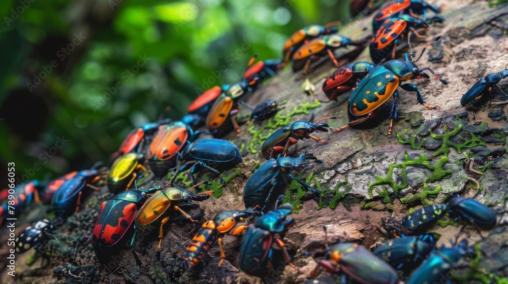 Poster a group of colorful beetles crawling on a tree trunk, showcasing the diversity and beauty of insects