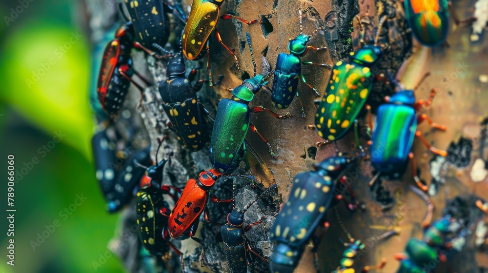 Poster a group of colorful beetles crawling on a tree trunk, showcasing the diversity and beauty of insects
