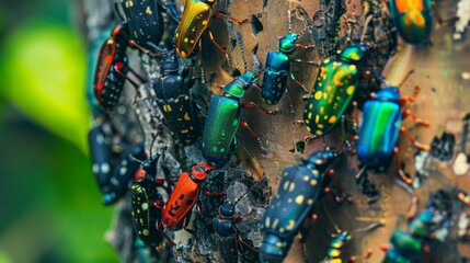 A group of colorful beetles crawling on a tree trunk, showcasing the diversity and beauty of insects in their natural habitat.