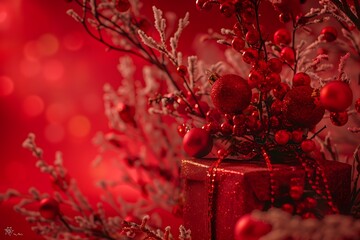 Christmas time. Red present against red background and christmas deco .