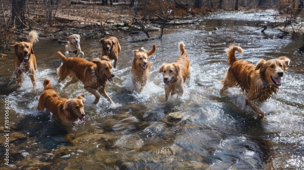 Poster a group of dogs romping and frolicking in a shallow stream, their tails wagging as they chase each o