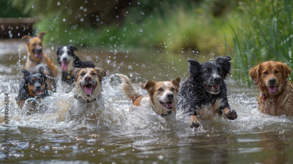 Poster A group of dogs joyfully bounding into a shallow river, their playful antics creating splashes and ripples as they dive in headfirst and paddle around together,