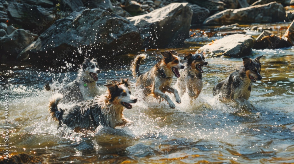 Poster a group of dogs romping and frolicking in a shallow stream, their tails wagging as they chase each o