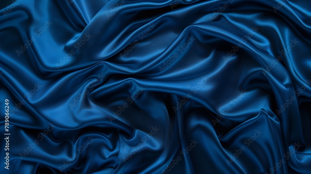 Poster beautiful dark blue silk satin background soft folds on shiny fabric luxury background with space fo