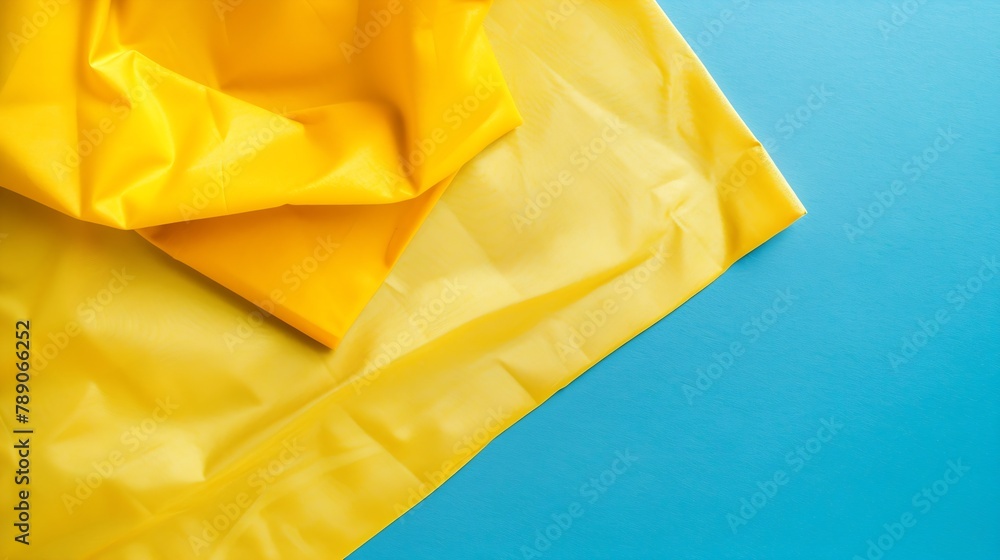 Aufkleber top view with yellow empty kitchen napkin isolated on table background Folded cloth for mockup with copy space Flat lay Minimal style : Generative AI