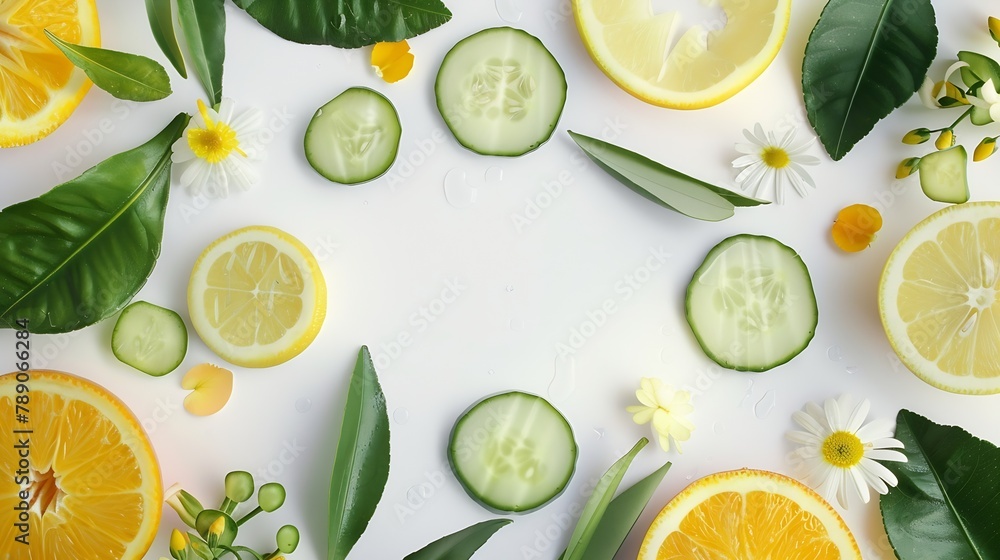 Poster colorful frame with fresh citrus fruits cucumbers leaves and flowers flat lay on white table : gener